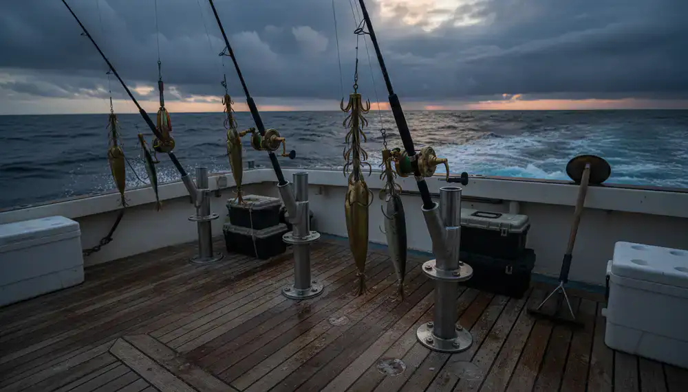 Heavy offshore fishing setup on deck