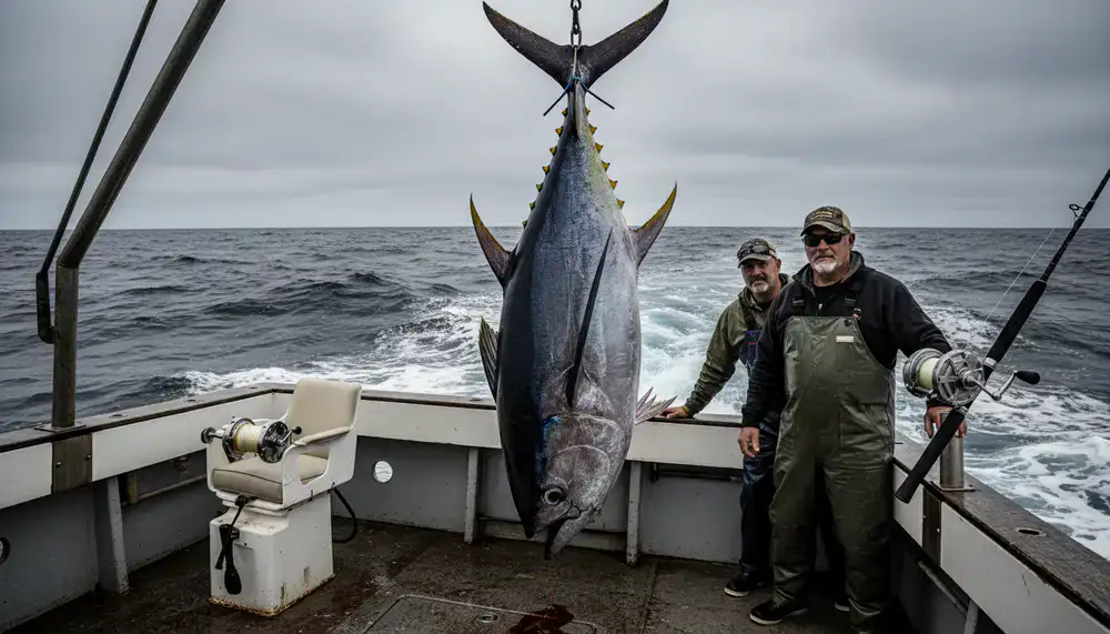 Angler fighting a big fish on a boat